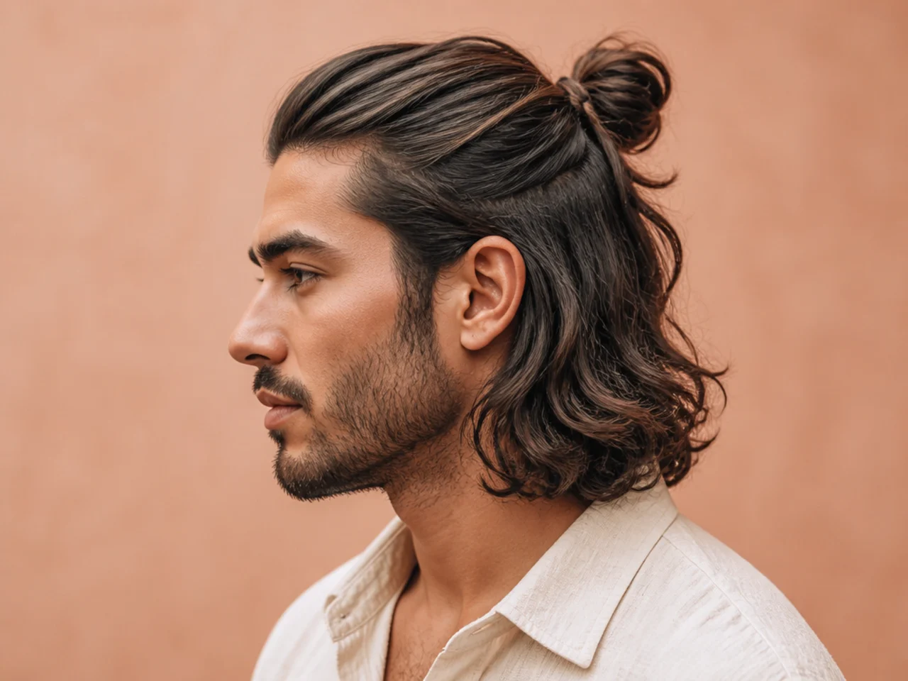 Young man with long hair styled in a half-up man bun with the bottom half falling loose over shoulders