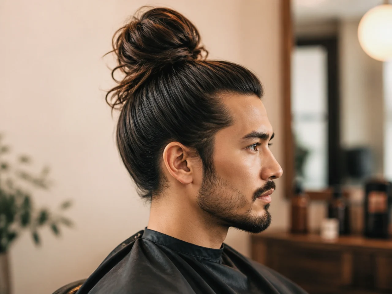 Young man with long hair pulled into a tight full top-knot bun high on the crown