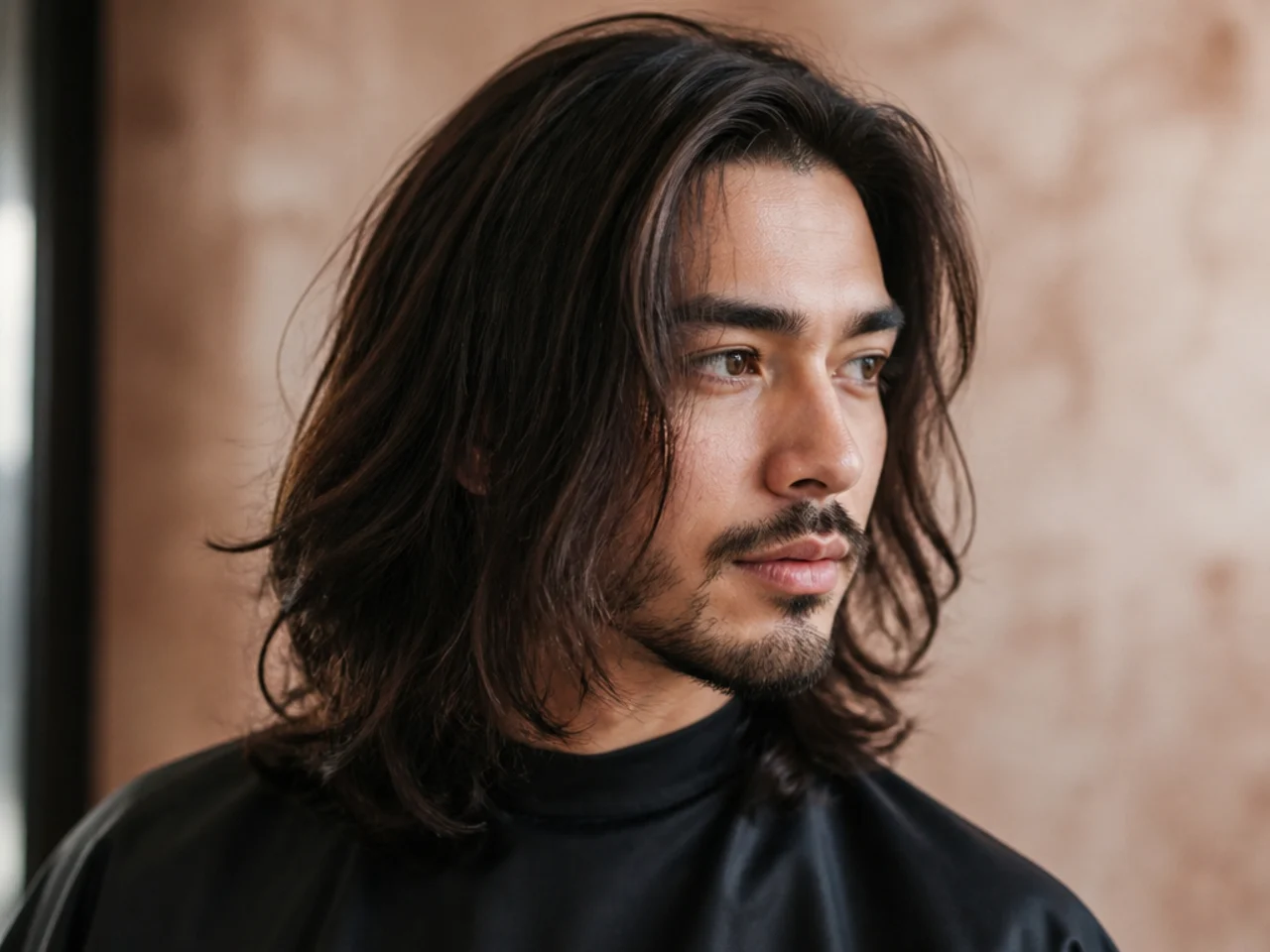 Flat-lay of long-hair styling products for men including shampoo, leave-in, sea salt spray, and matte cream