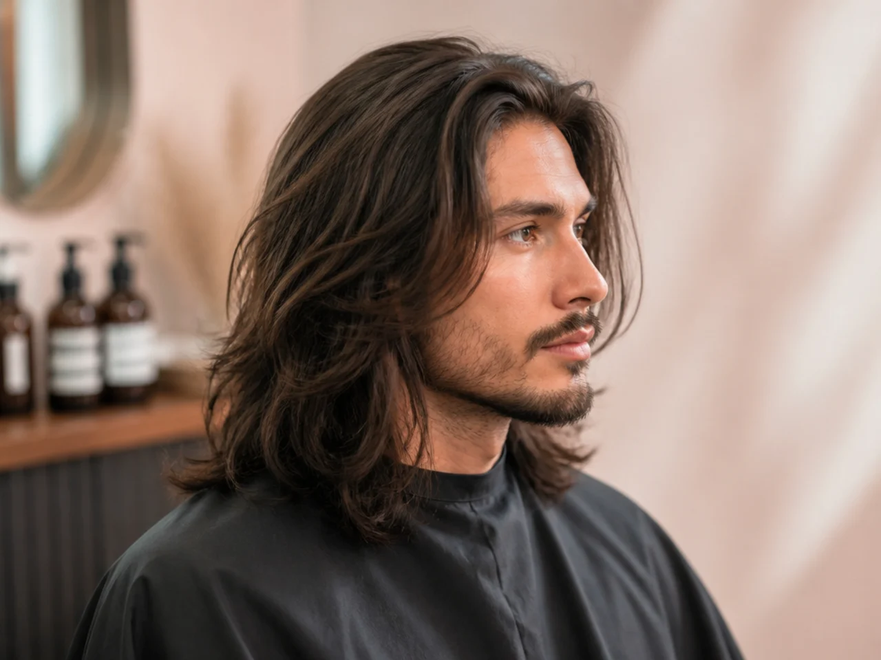 Young man in barber chair showing phone photos of long haircut references to a barber mid-consultation