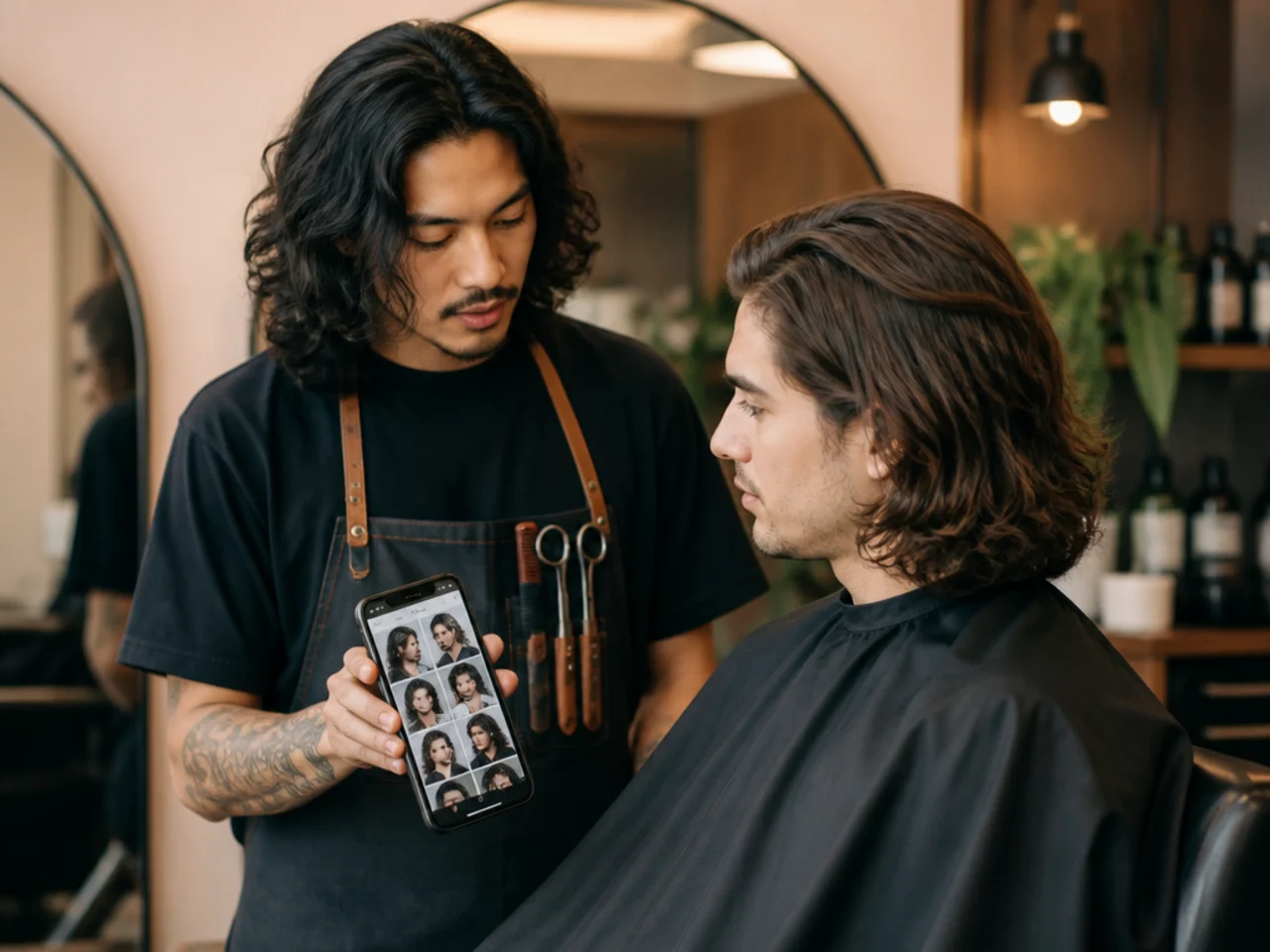Barber showing a phone with long hairstyle references to a young man in a barber chair
