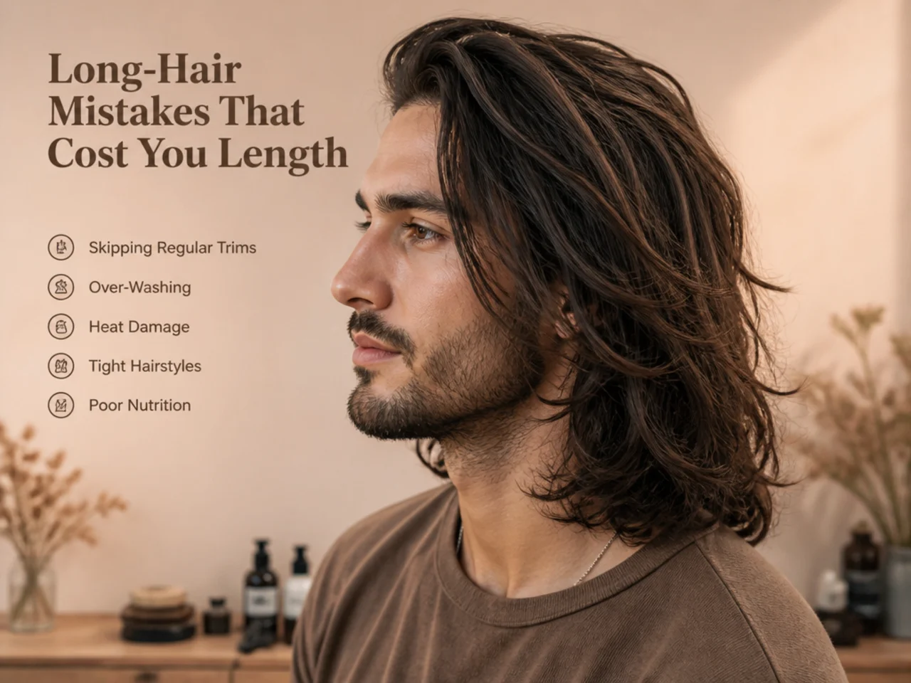 Documentary shot showing common long-hair mistakes on a young man including split ends and product buildup