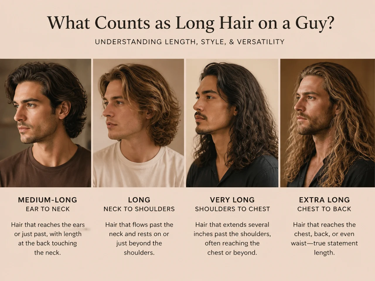 Young man with wavy shoulder-length brown hair swept back in a natural long flow, editorial portrait
