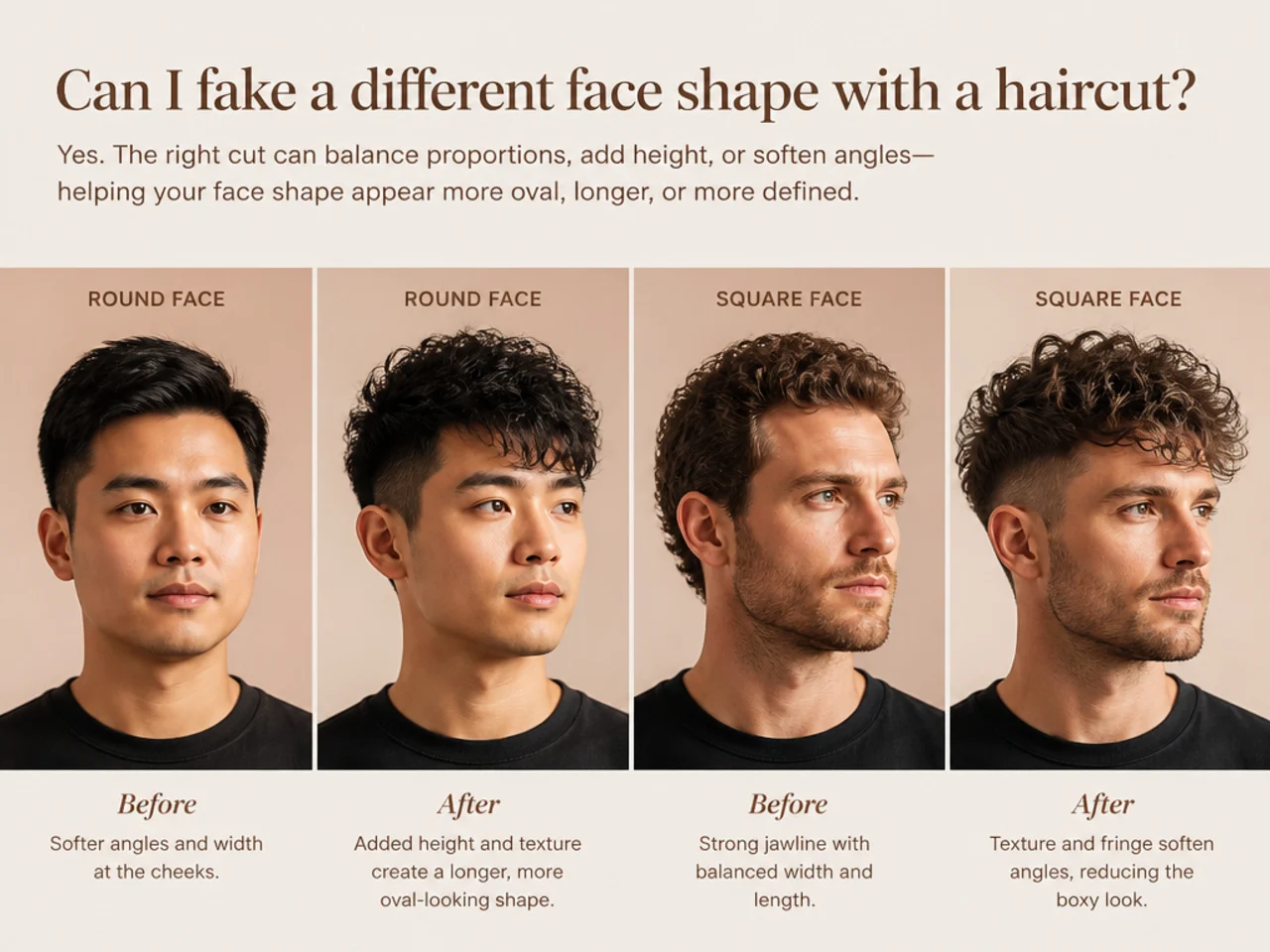 Before and after showing how the right haircut visually shifts a face shape toward oval