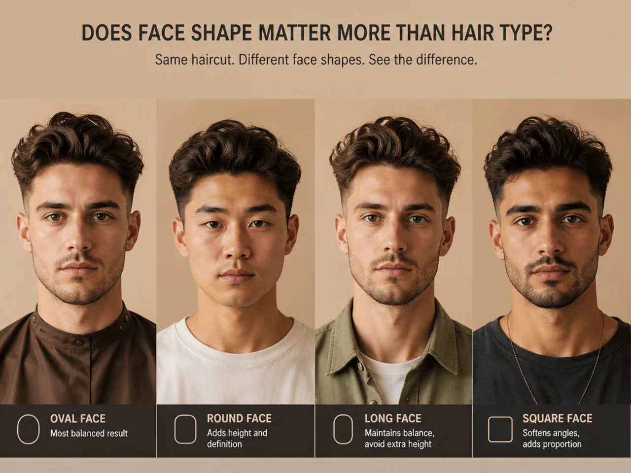 Side-by-side comparison of two men with different hair types wearing similar haircuts