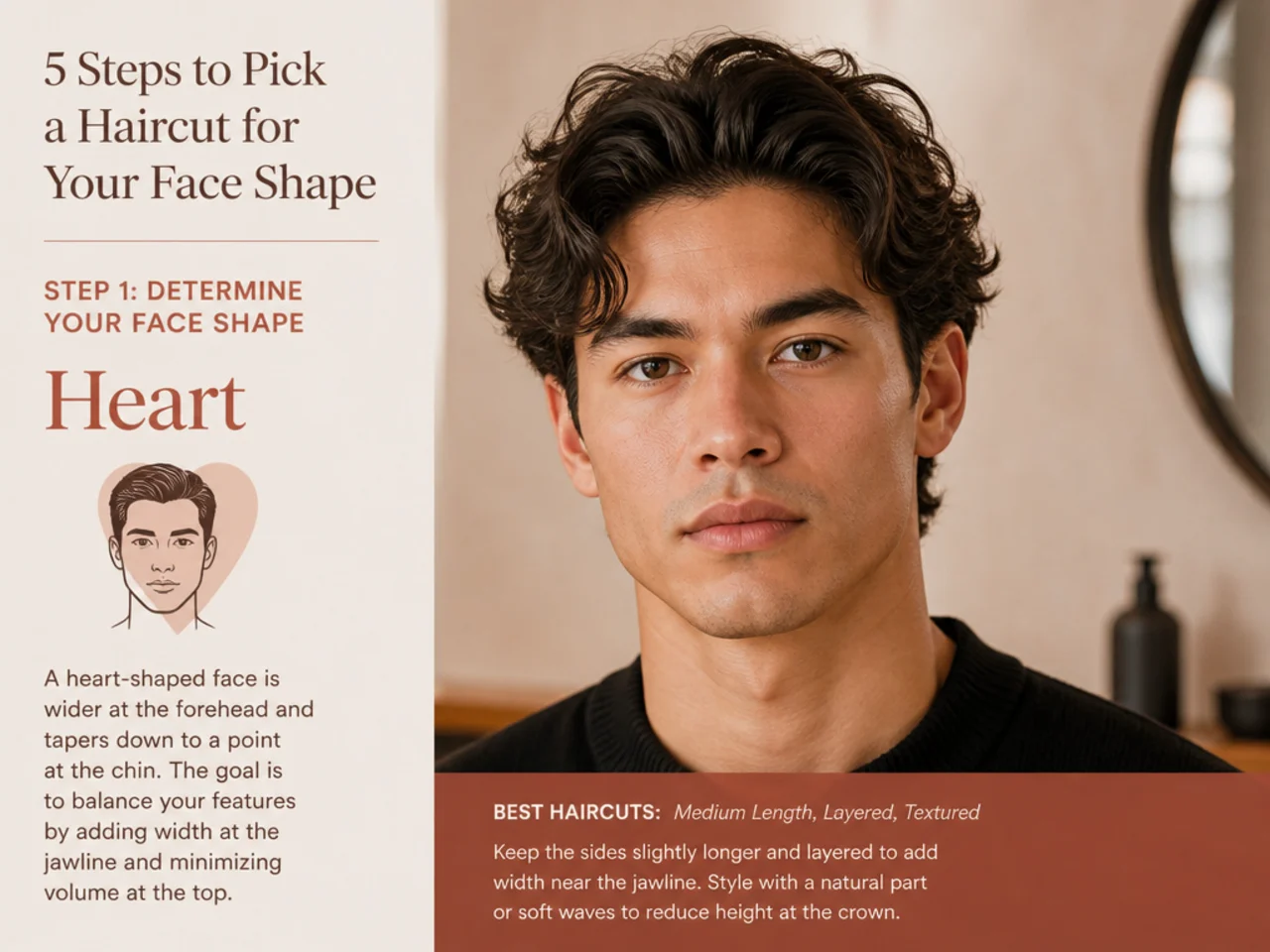 Man with heart face shape — wide forehead, narrow pointed chin, cheekbones and jaw narrower than brow