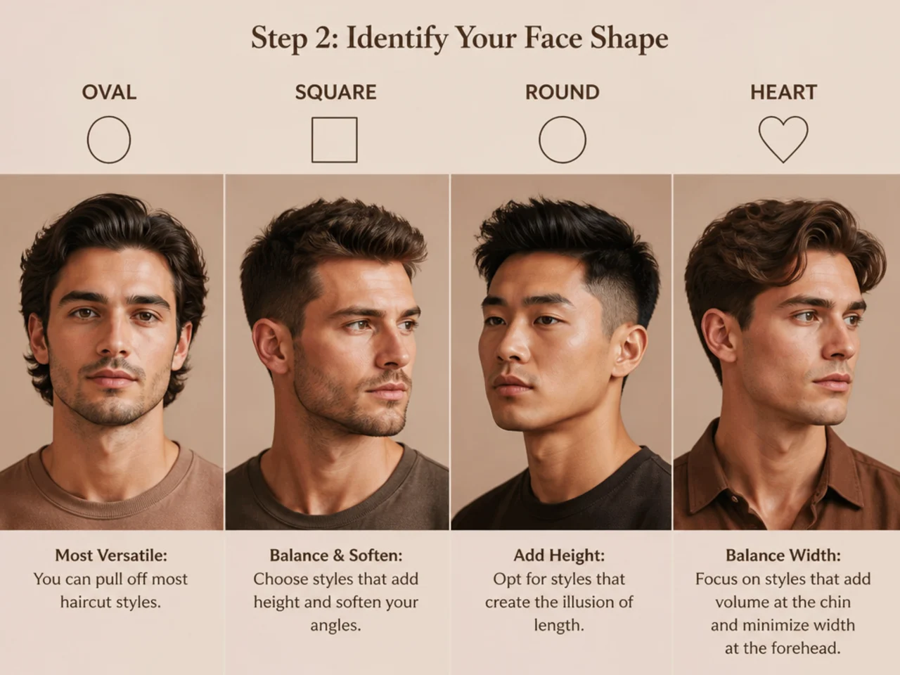 Six illustrated male face shapes labeled oval, round, square, oblong, heart, and diamond