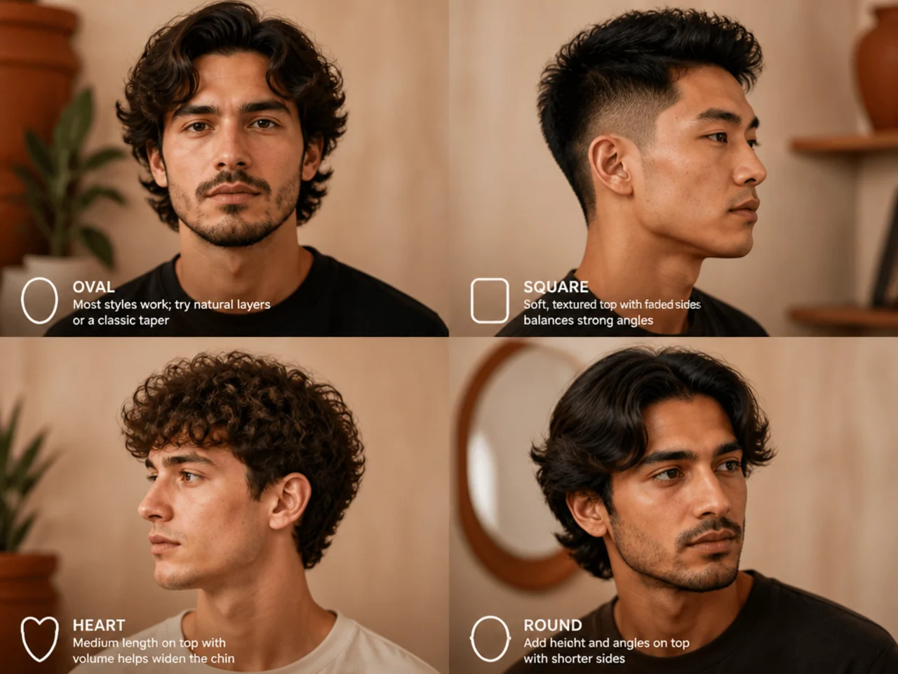 Diagram showing how volume placement rebalances different male face shapes
