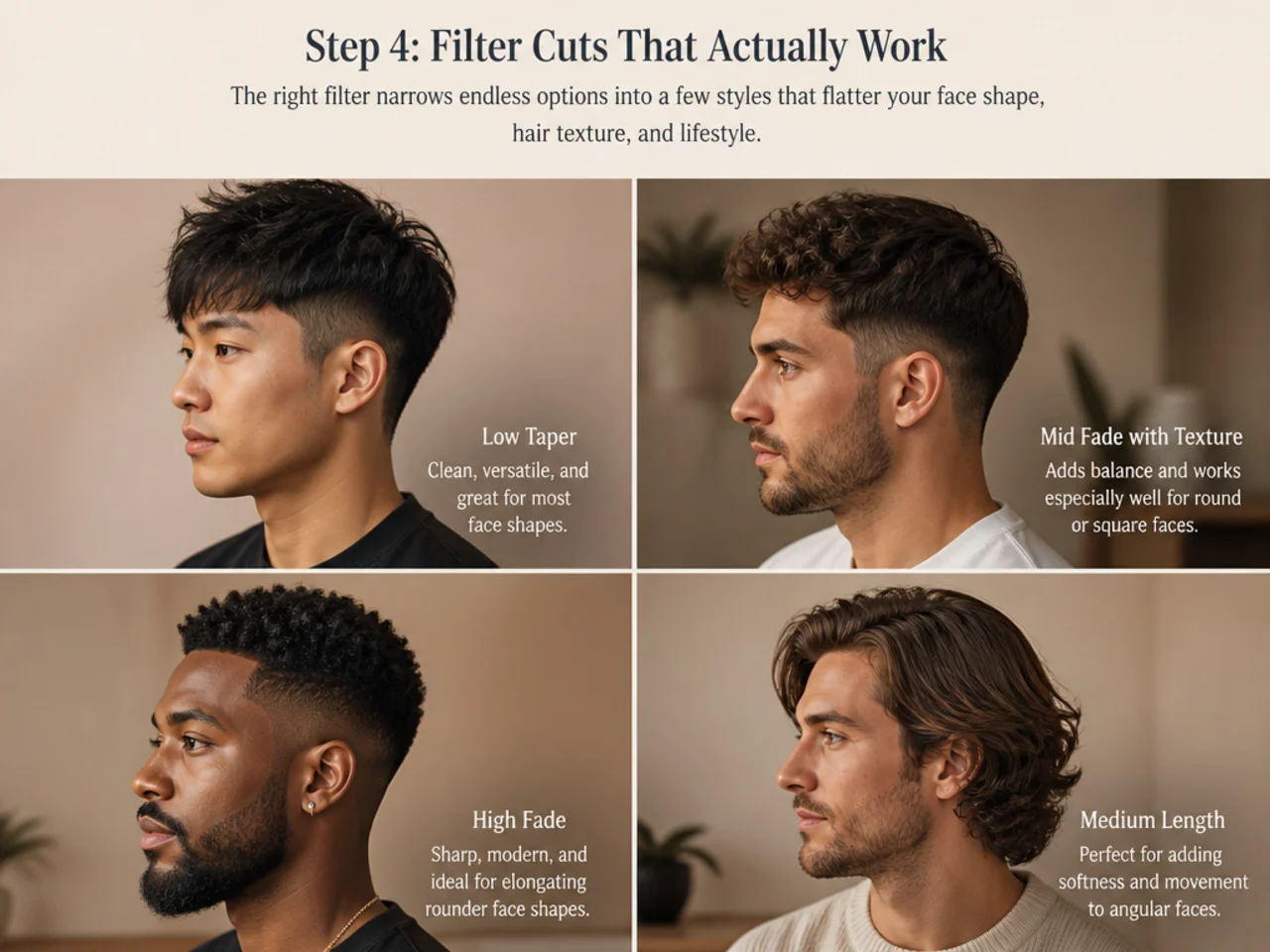 Grid of male haircut options filtered by face shape suitability