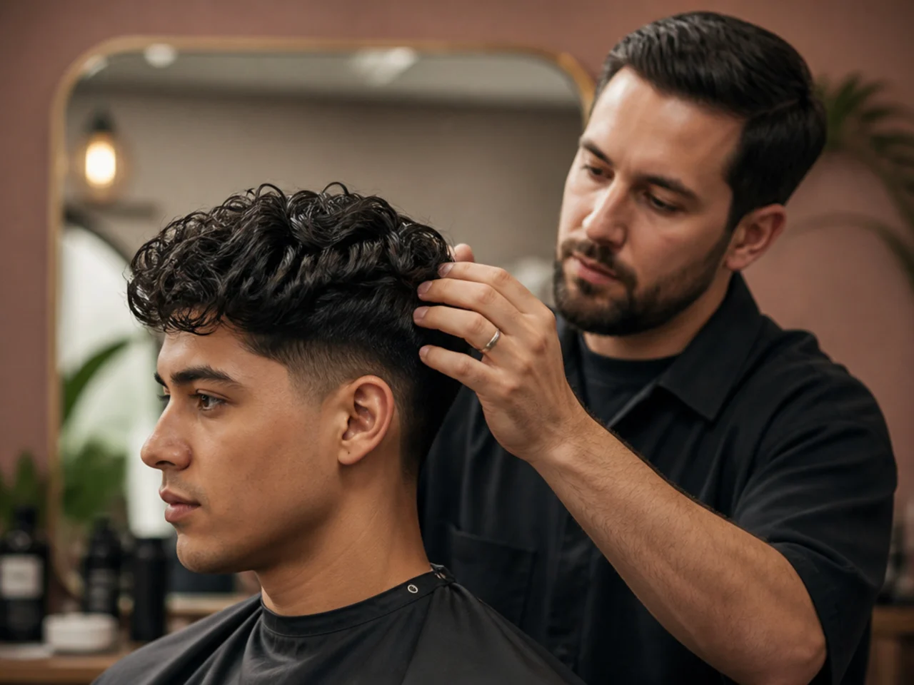Man showing a reference photo to a barber during a consultation