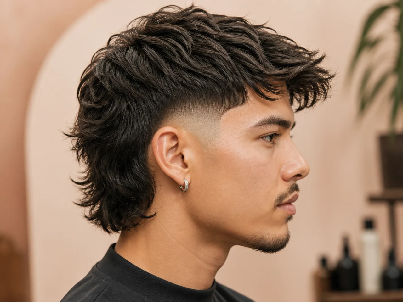 Burst fade paired with a forward-flick modern mullet on wavy dark hair