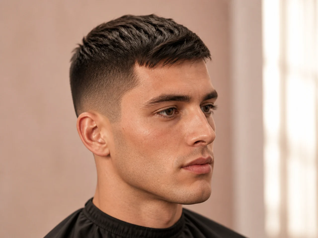 Classic crew cut styled with a matte forward sweep and a low taper