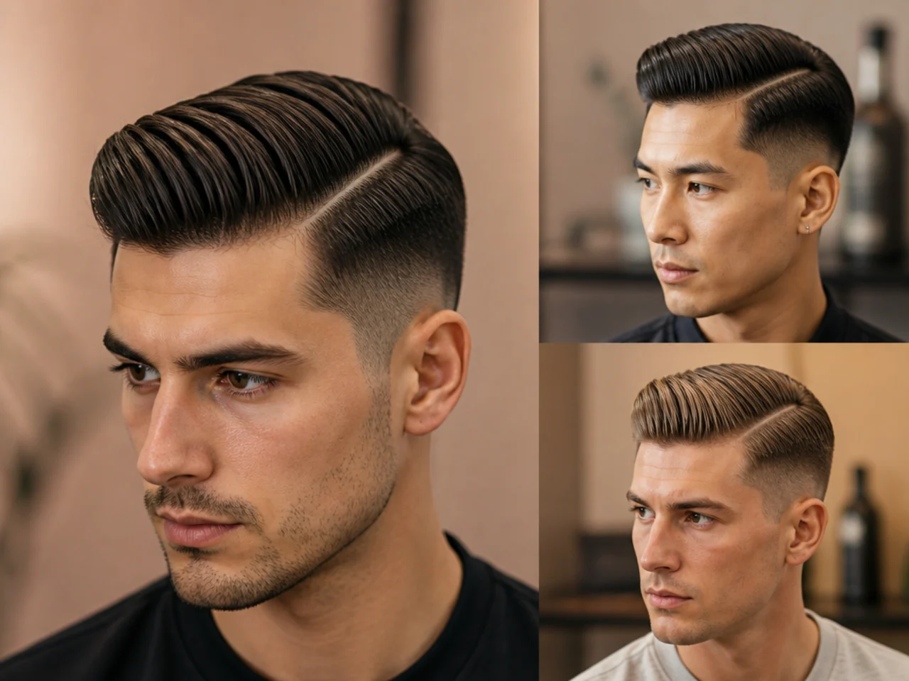 Comb-over styled with a sculpted cream sweep across the head from a hard part