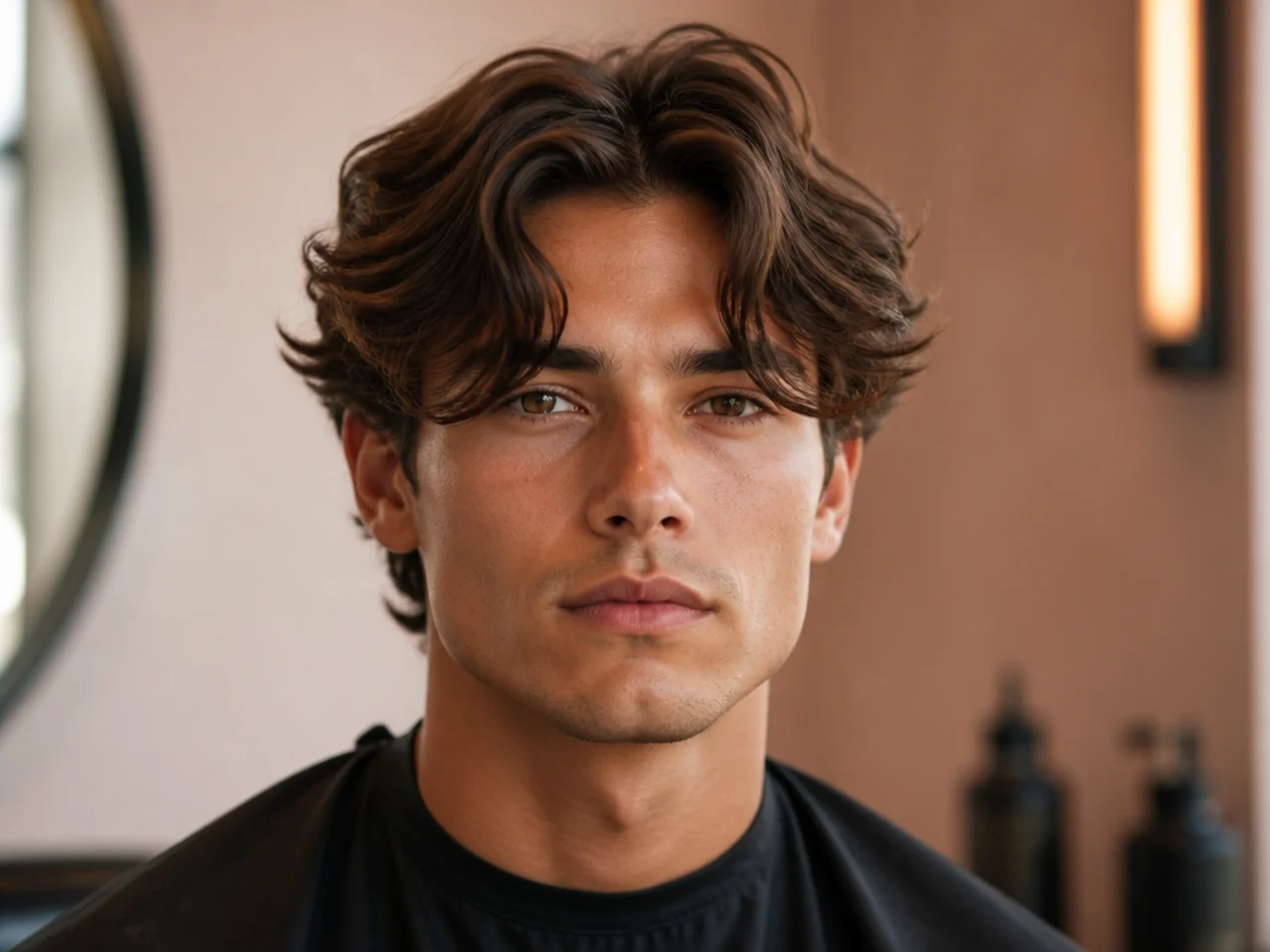 Curtain fringe haircut styled air-dried flow on wavy chestnut hair