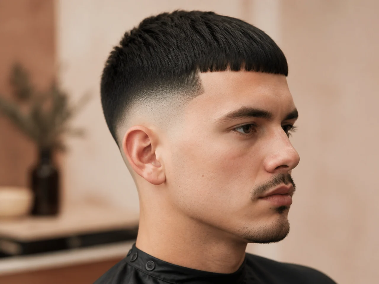 Edgar haircut styled with a matte forward blunt push and a skin fade