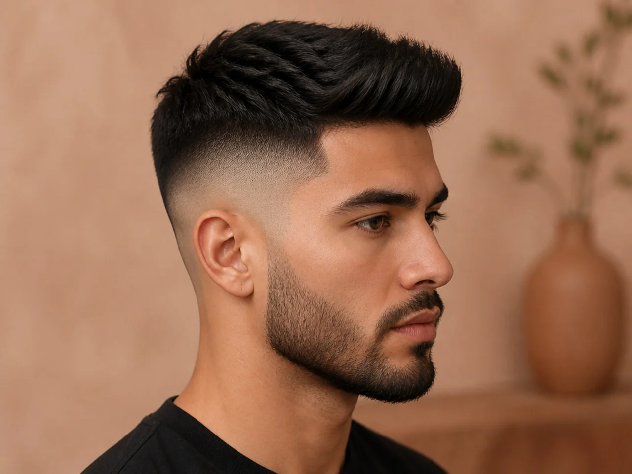 High skin fade paired with a blocky forward push top on thick dark hair