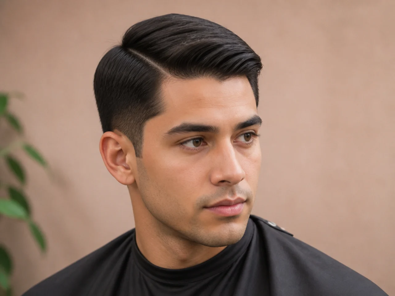 Ivy League haircut styled with a matte side part on straight dark hair