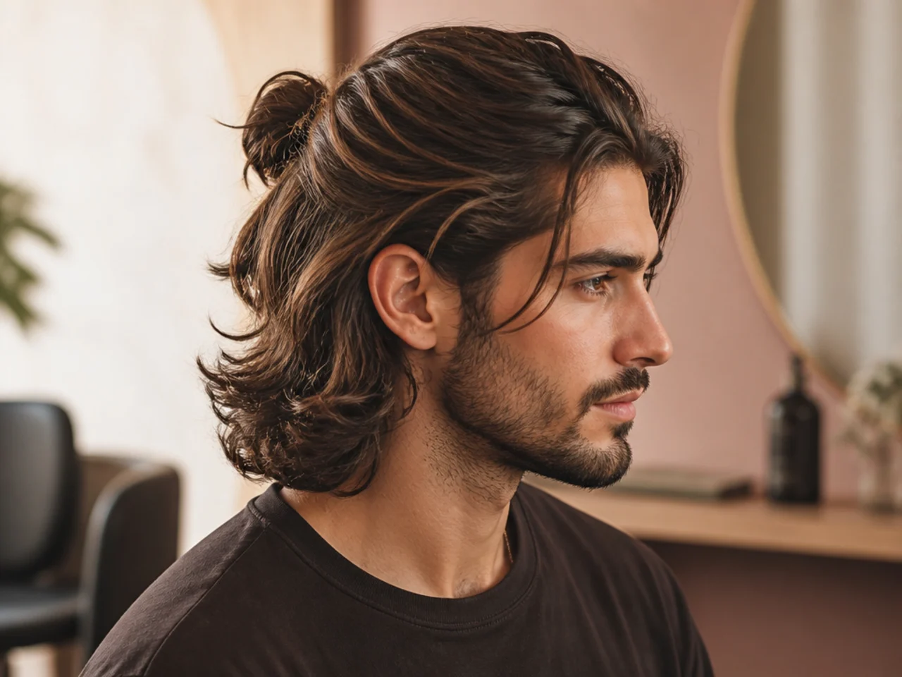Layered medium men's haircut styled with a half-up tie-back knot