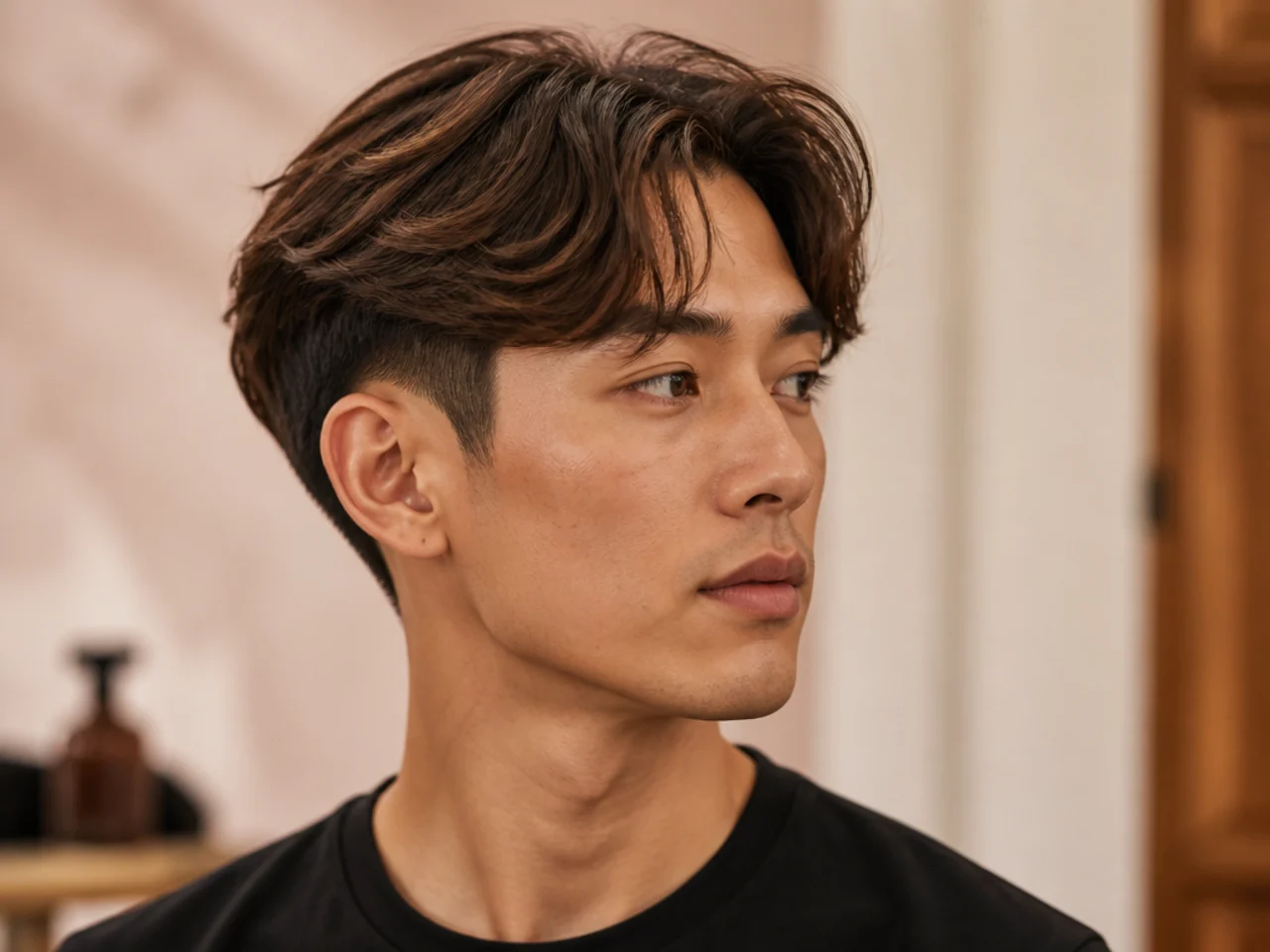 Low taper fade with a loose middle-part styling on wavy chestnut hair