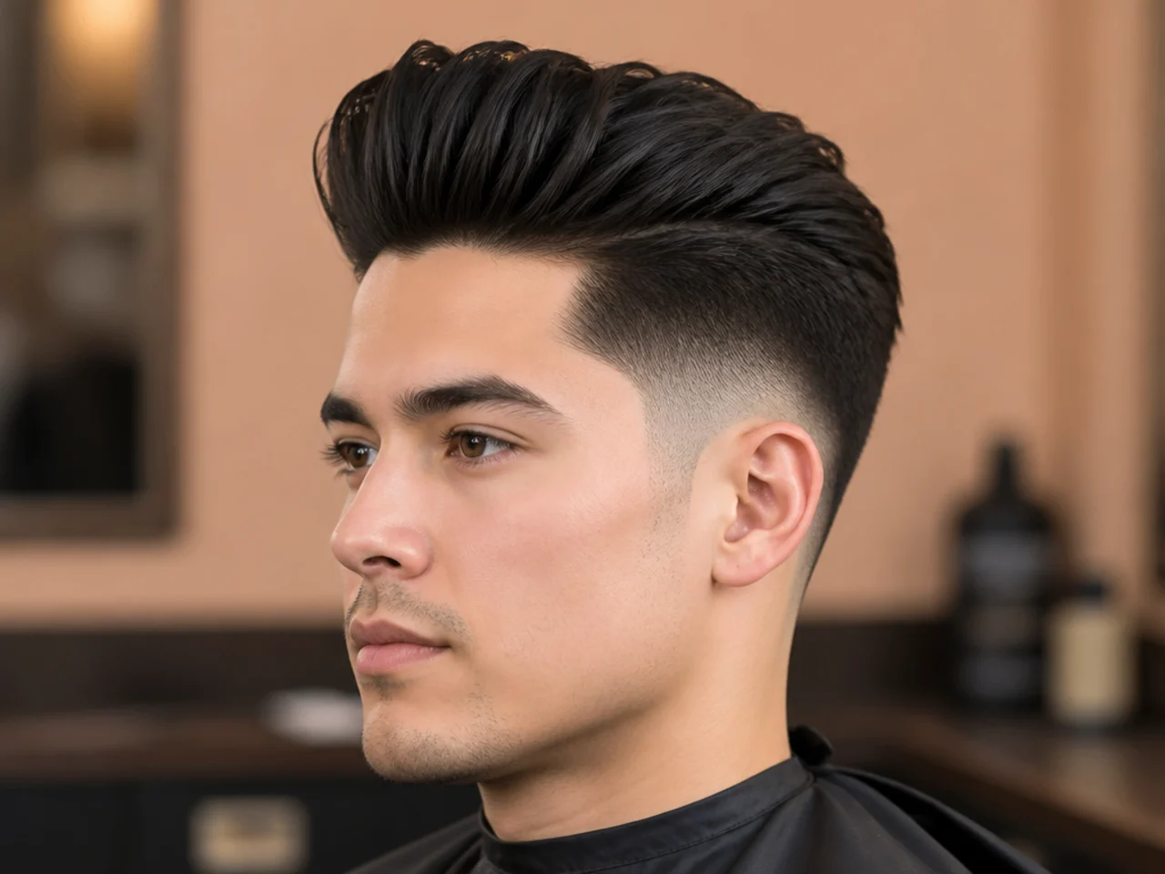 Mid fade paired with a piled pompadour styled matte on straight dark hair