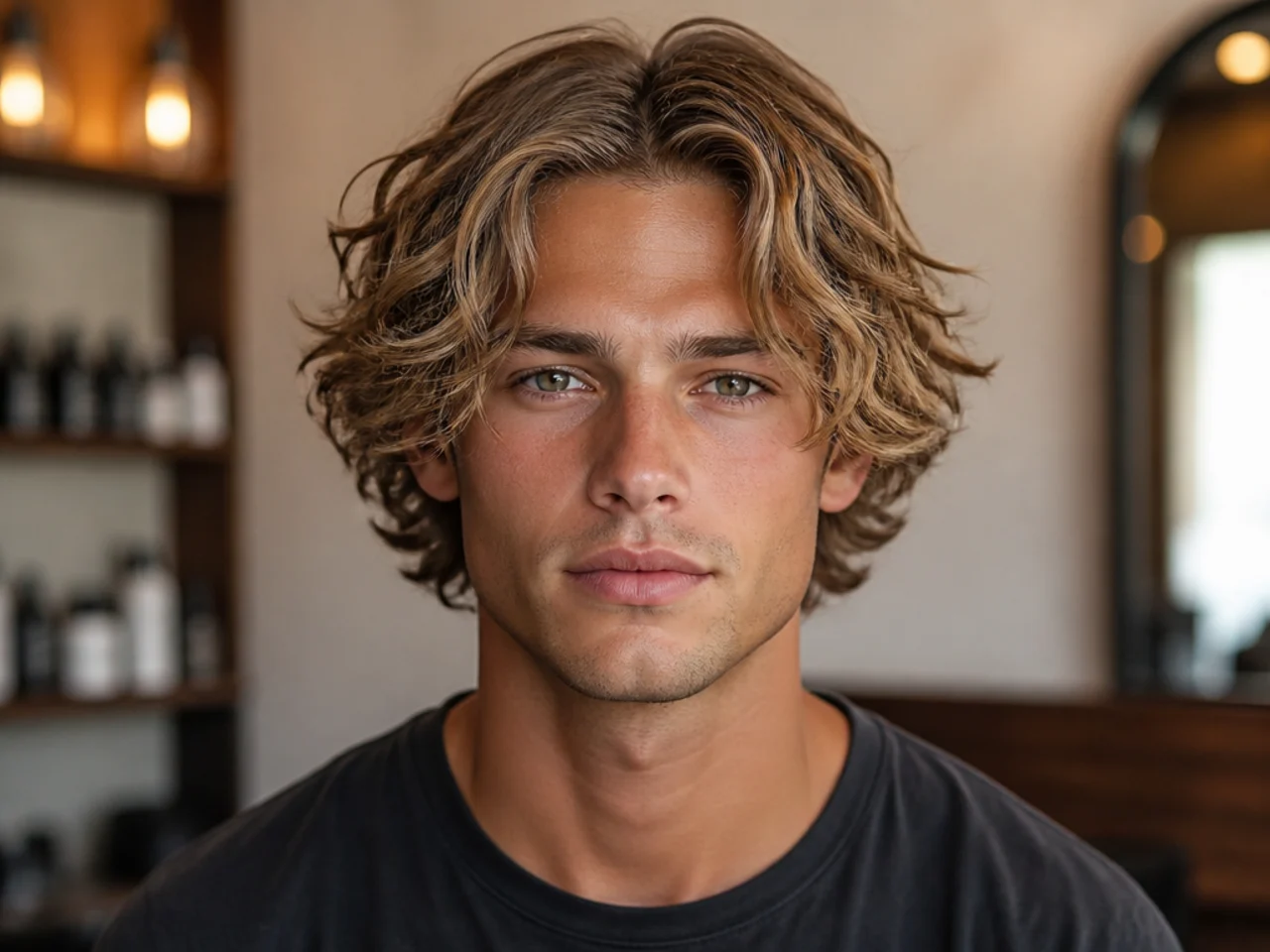 Middle-part haircut styled with sea-salt beach waves on wavy blond hair