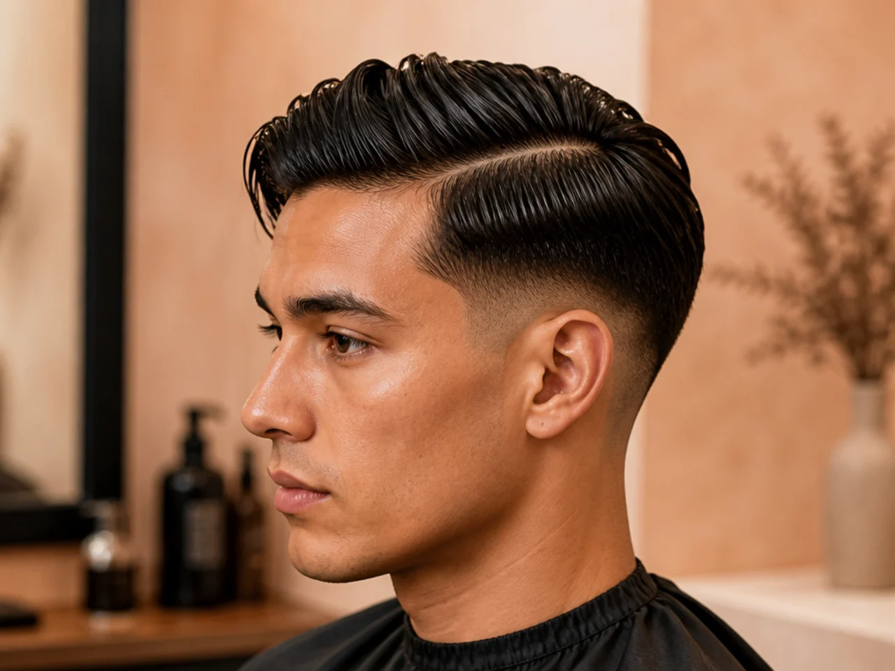 Classic side part styled wet-look glossy with a low fade on wavy dark hair
