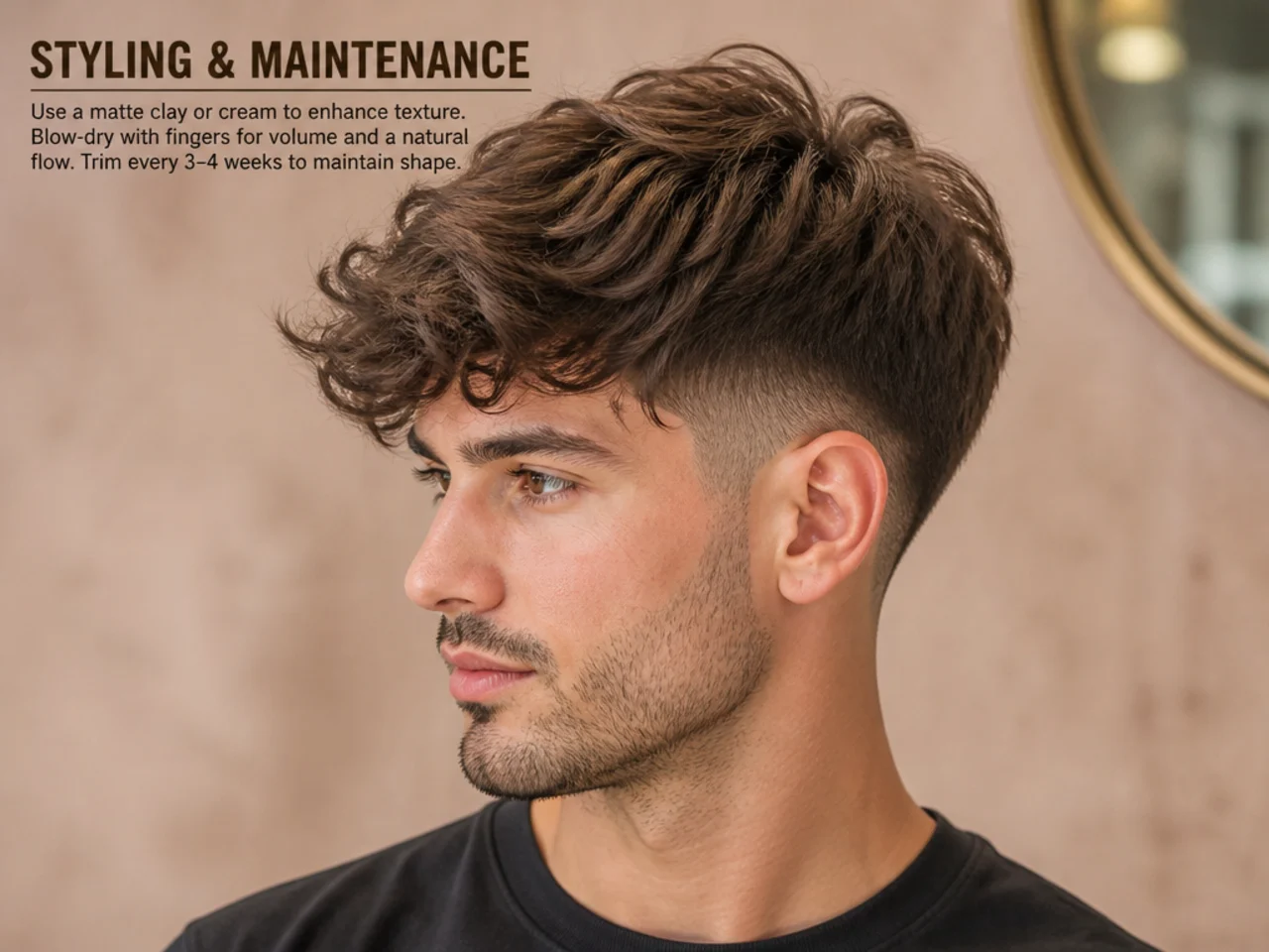 Flat-lay of men's styling products including matte clay, pomade, sea-salt spray, and curl cream