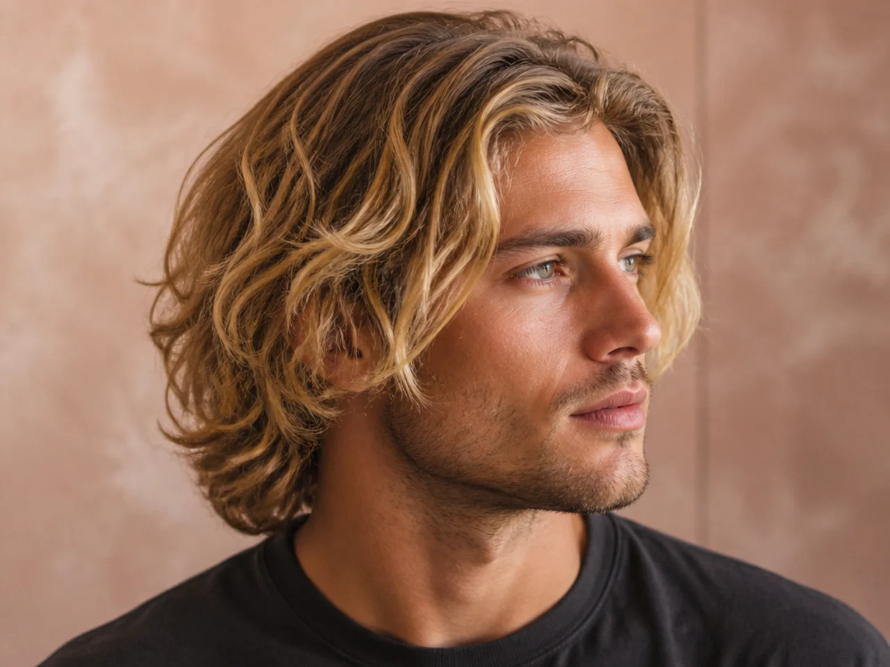 Surfer flow haircut styled with diffused loose waves on wavy blond hair