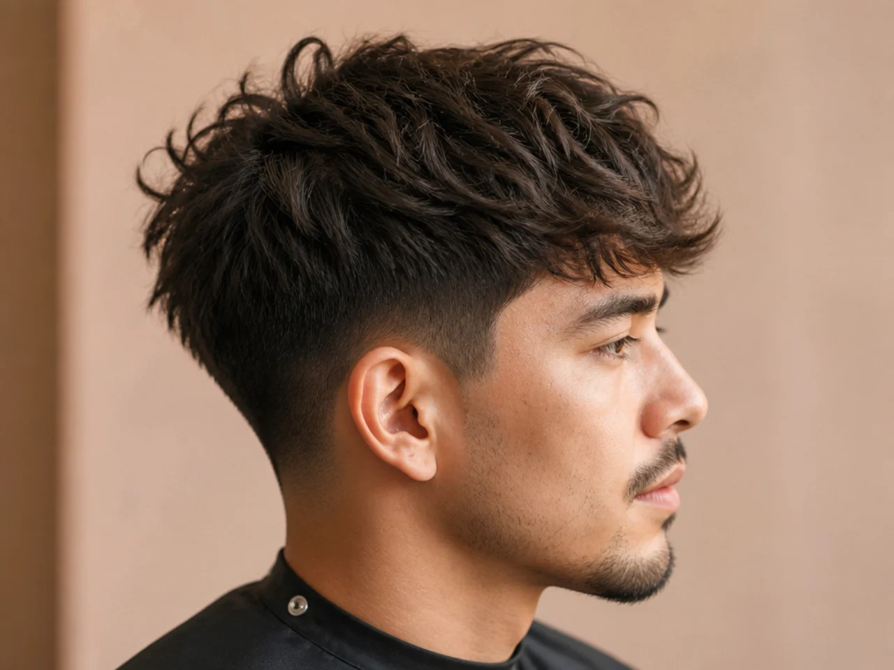 Five textured and modern men's haircut and style pairings on a barbershop wall