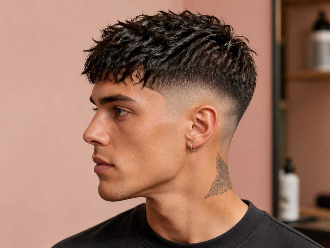Textured crop styled with a wet-look finger tousle and a mid fade