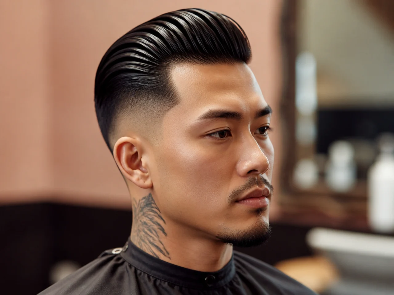 Traditional slick back styled with high-shine pomade and a mid fade