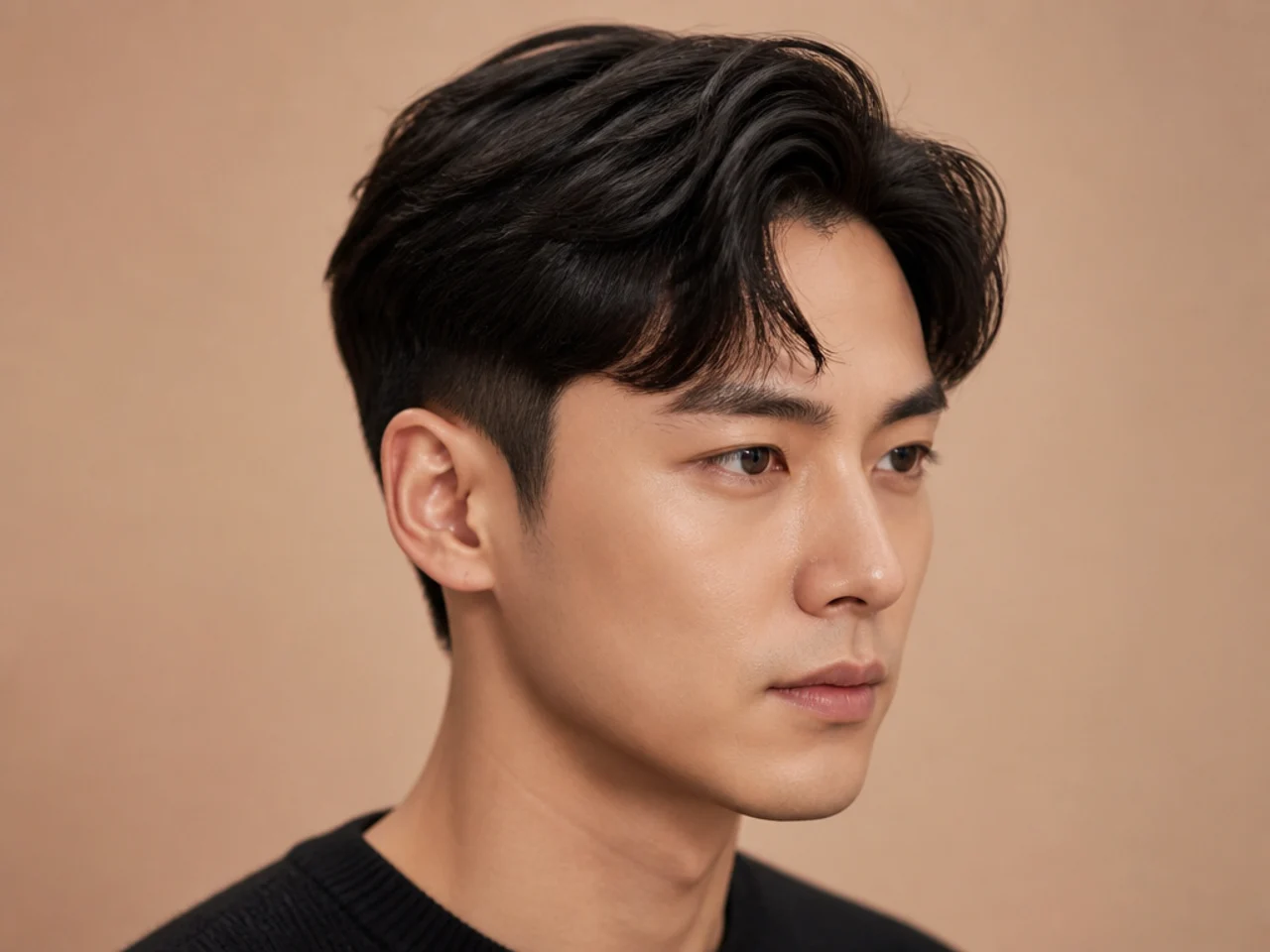 Two-block haircut styled with a comma curl at the front on straight dark hair