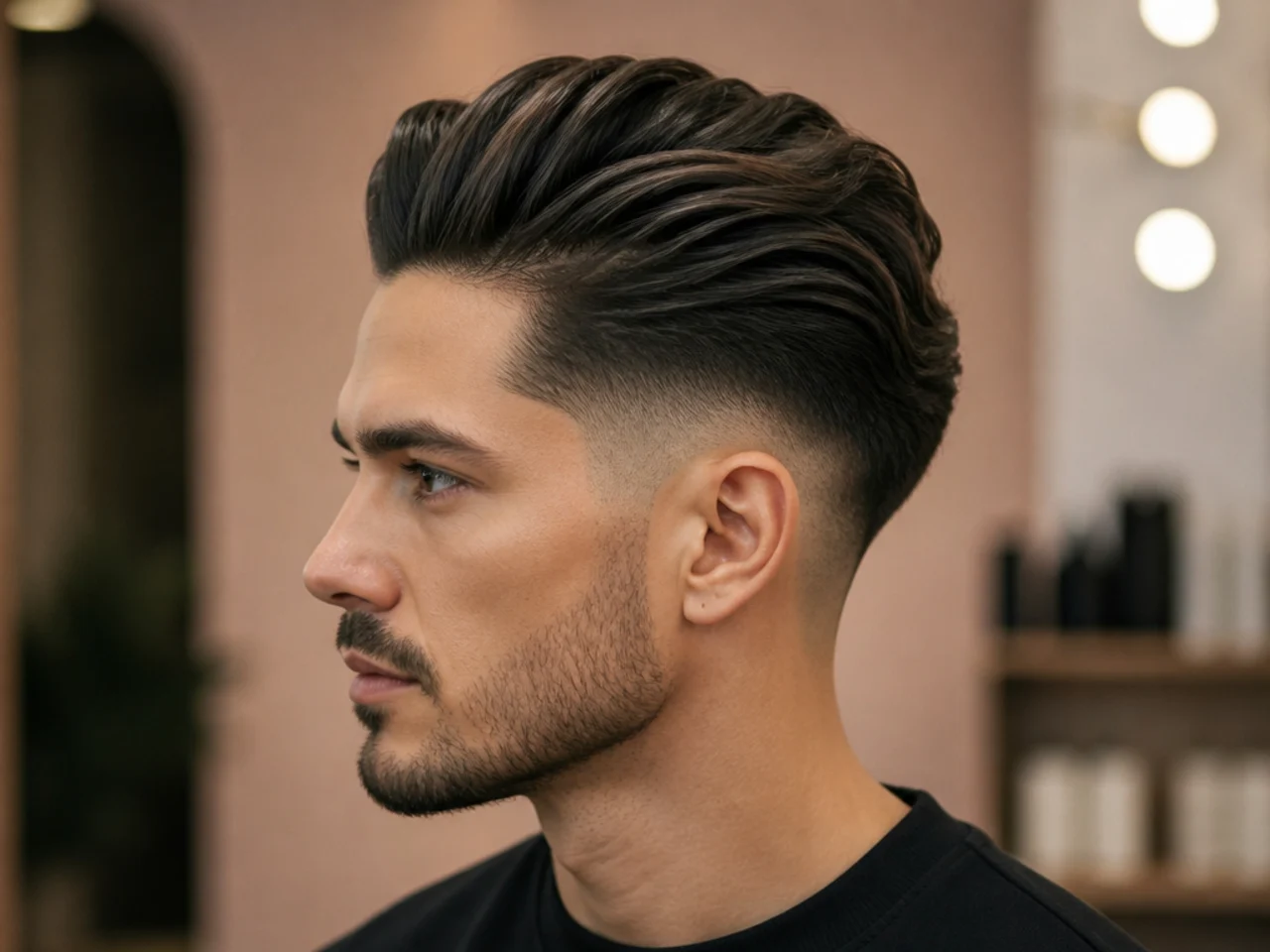 Undercut fade paired with a slicked-back volume top on wavy dark hair