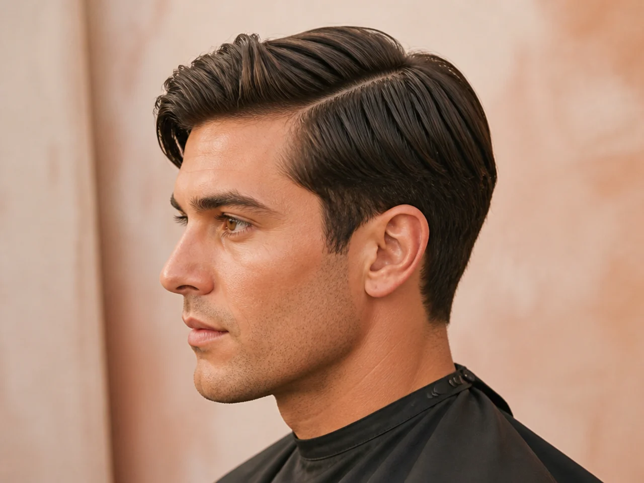 Classic side part on medium straight hair combed across a defined part with a low scissor taper