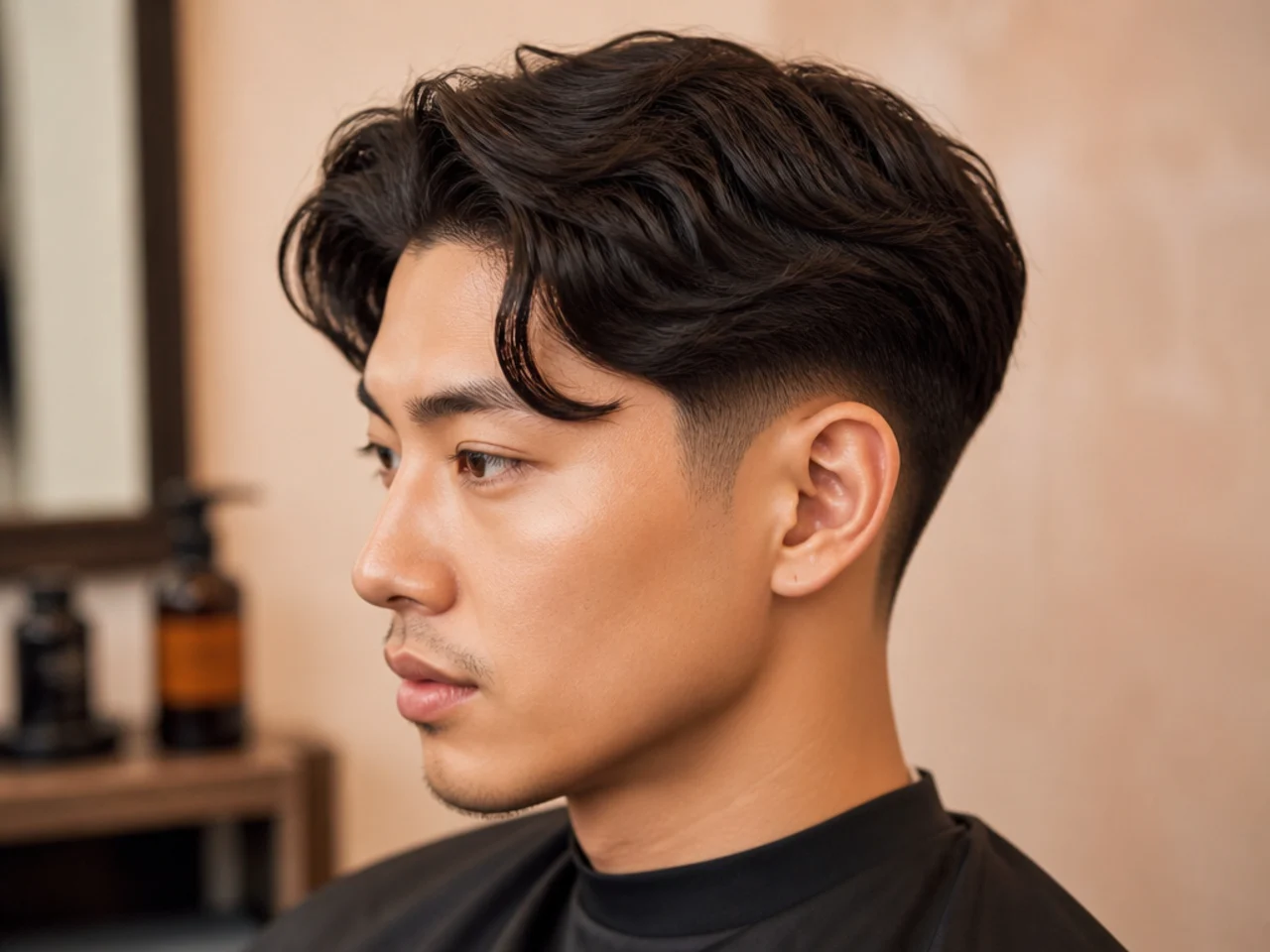 Comma haircut with a curled front lock pointing toward the eye and a low fade