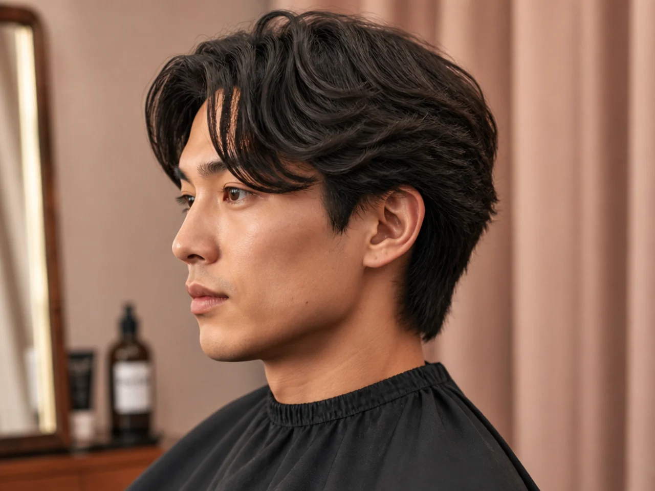 Male client showing a phone reference photo to a barber before a medium haircut