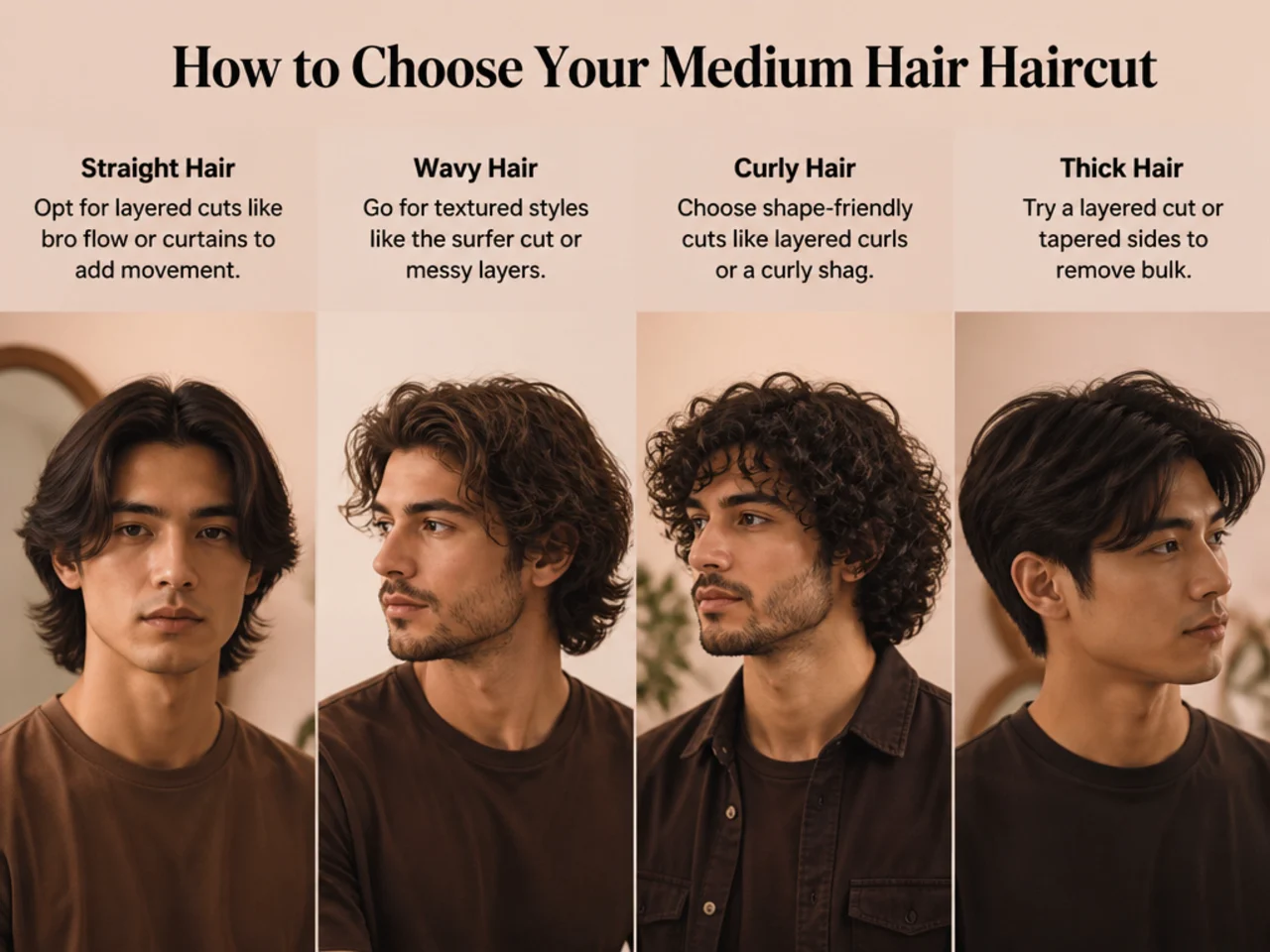 Stylist consulting with a male client at the mirror over three medium haircut reference photos