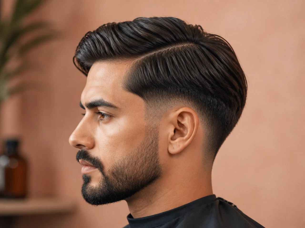 Layered comb-over on medium hair with a defined part and a soft low fade blending into a beard