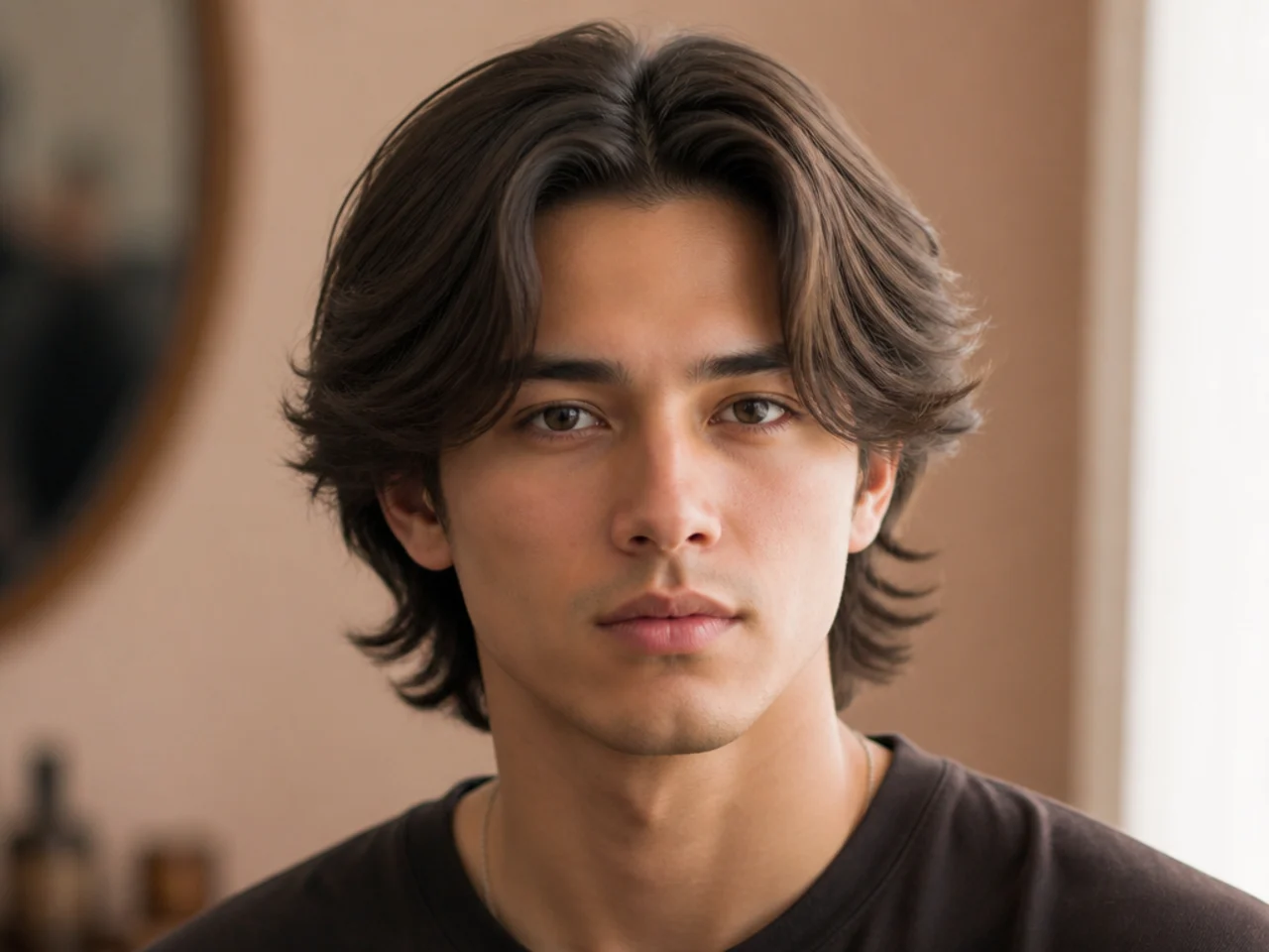 Layered middle-part flow with medium top falling outward on both sides and scissor-blended long sides