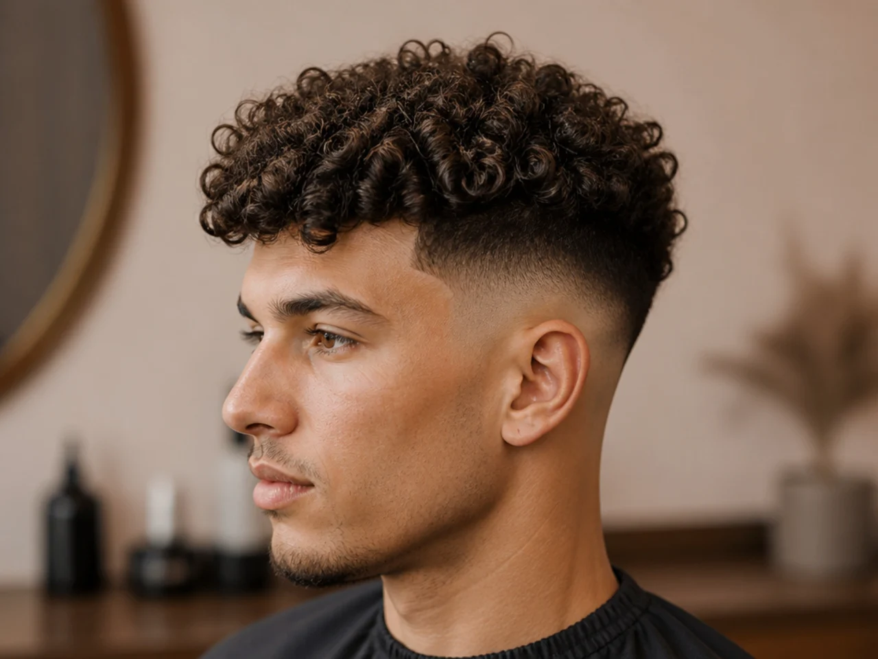 Medium broccoli haircut with tight defined curls stacked on top and a high skin fade