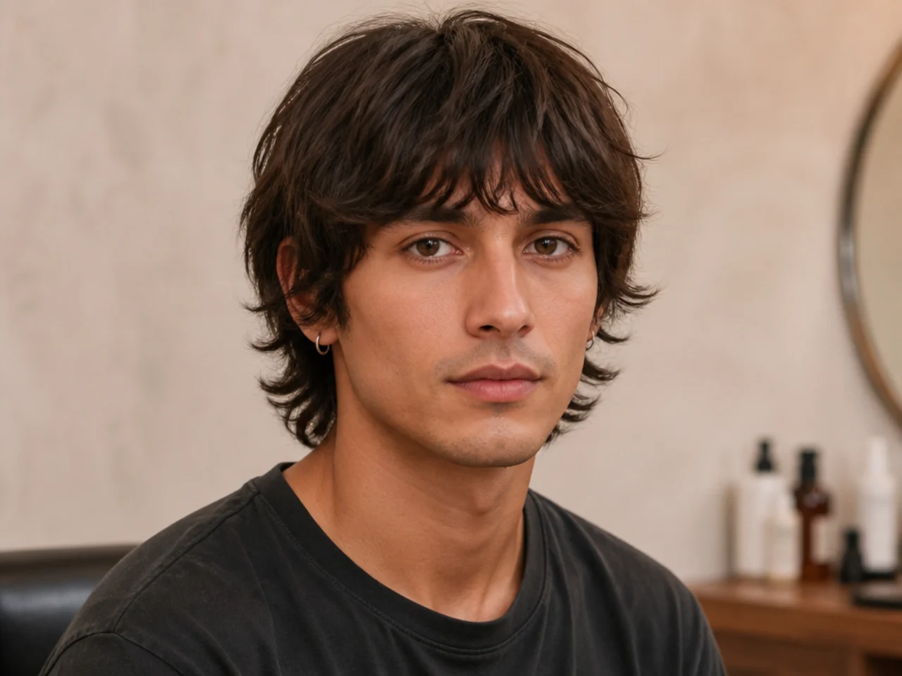 Medium men's shag with a curtain fringe and heavy internal layering on wavy dark hair