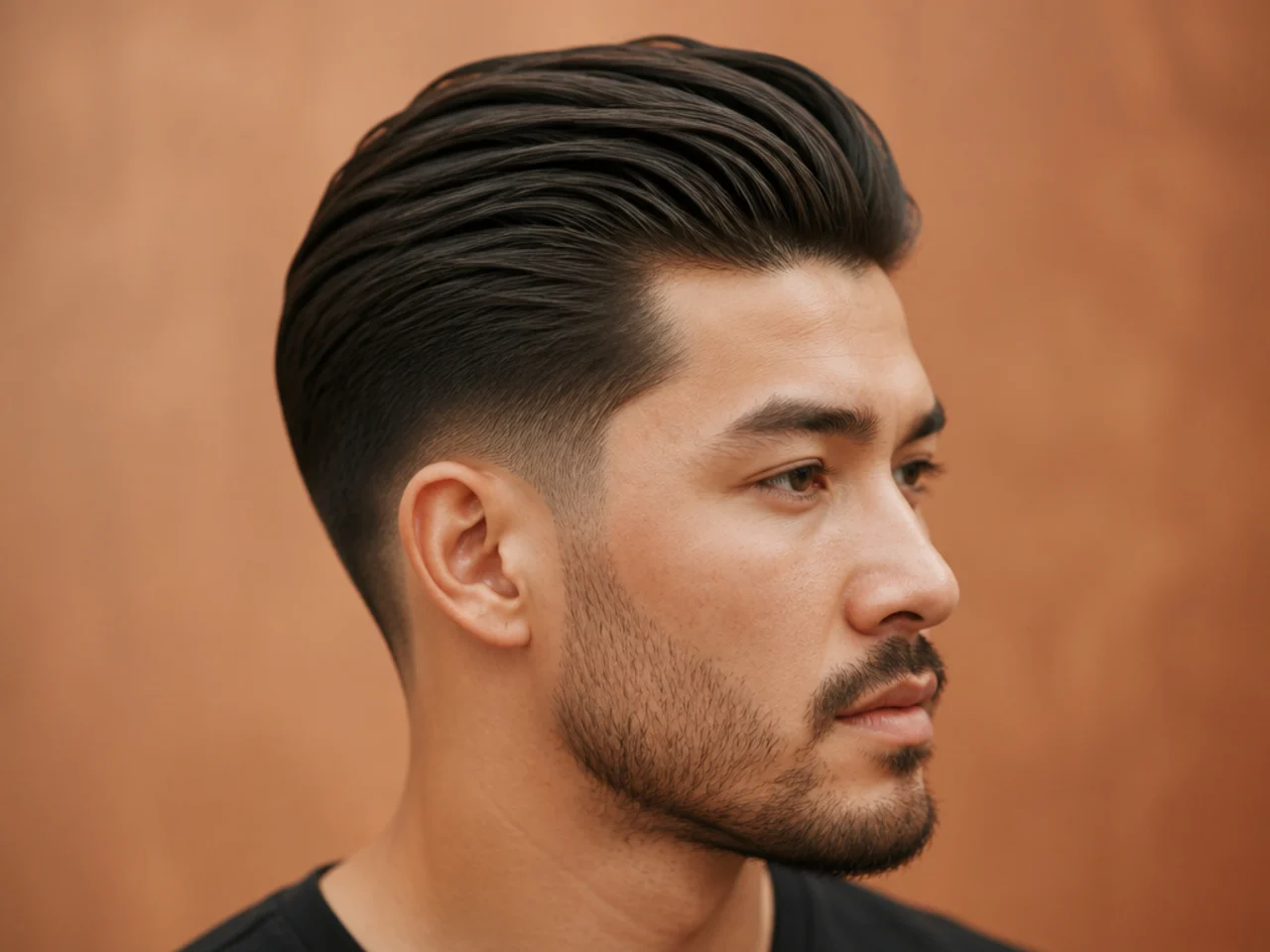 Medium slick back with a matte finish and a low fade sweeping straight back from the forehead