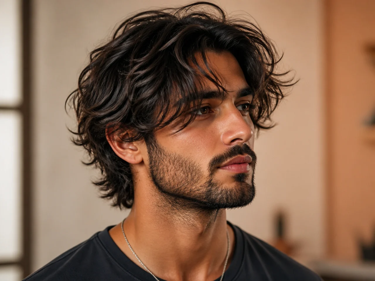Messy layered flow with visible separation through the top and undone finish on wavy medium hair