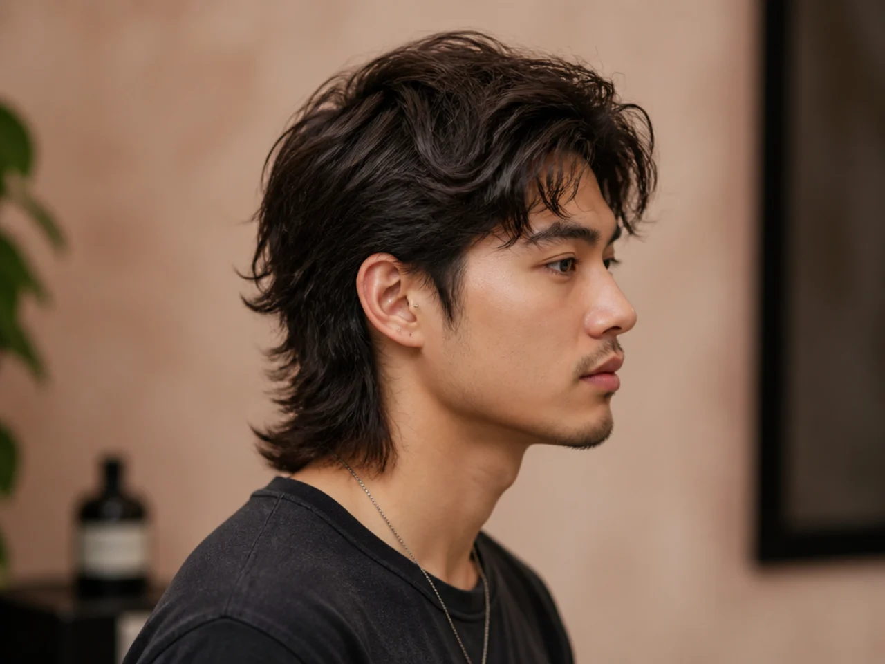 Modern mullet on medium hair with textured top and preserved length at the nape flowing to the collar