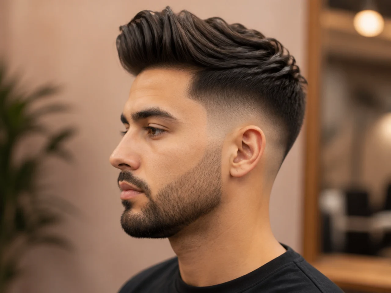 Modern matte quiff with a lifted front sweep and a mid fade blending to skin at the temples