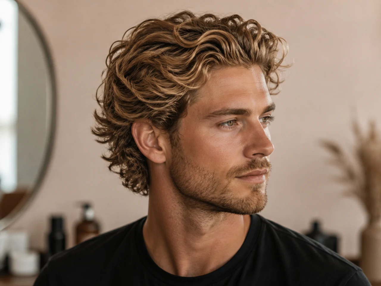 Loose surfer waves on wavy blond hair pushed back from the forehead with sun-warmed tones