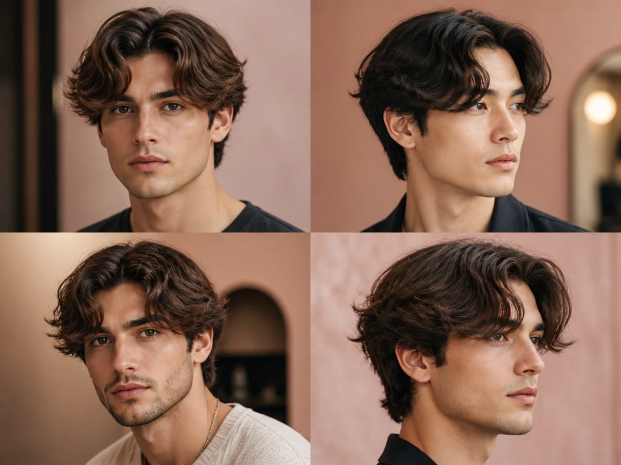 Textured curtain fringe on wavy chestnut hair sweeping outward from a natural center part