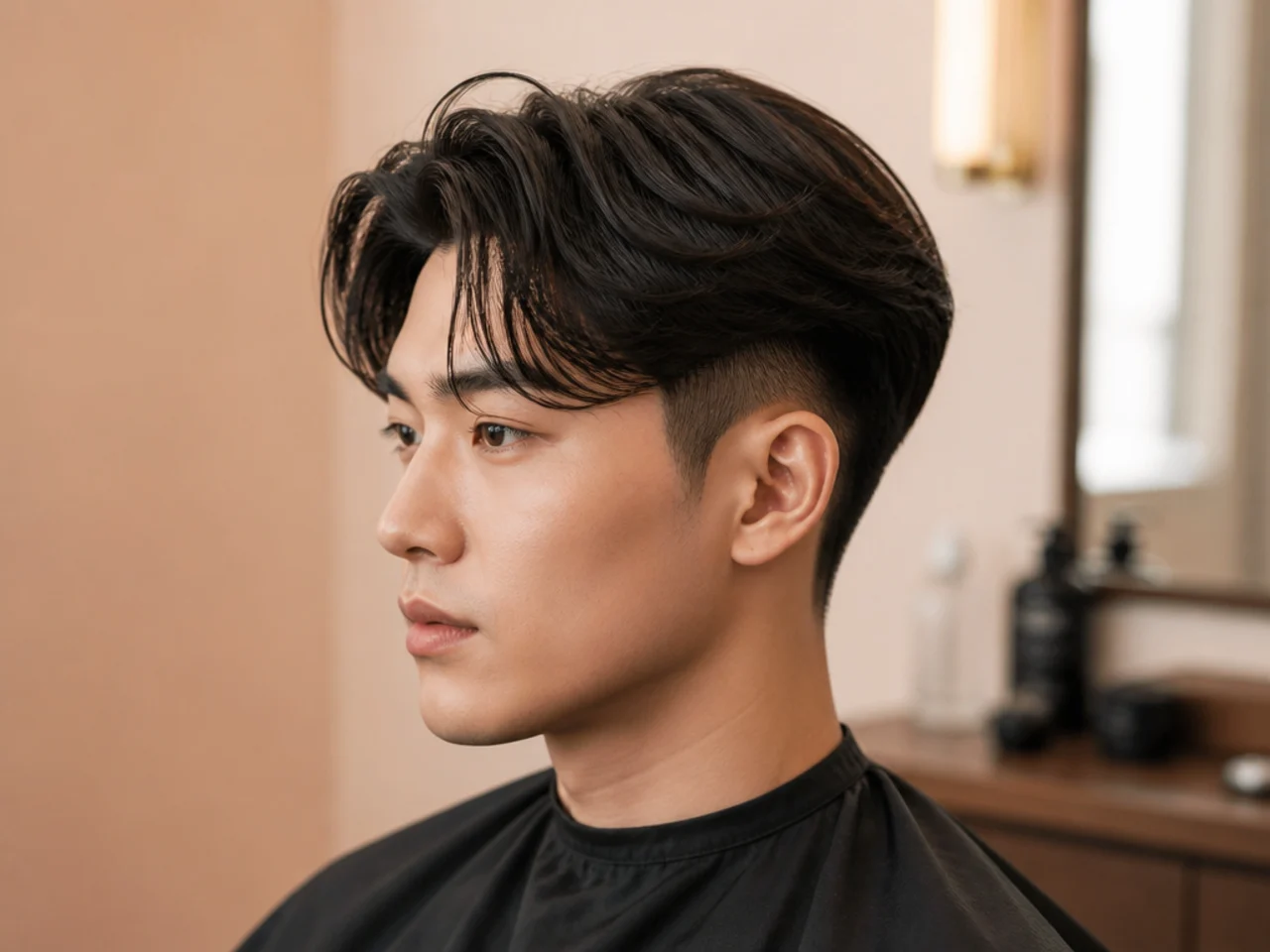 Korean two-block cut with a hard ledge between short sides and a five-inch styled top