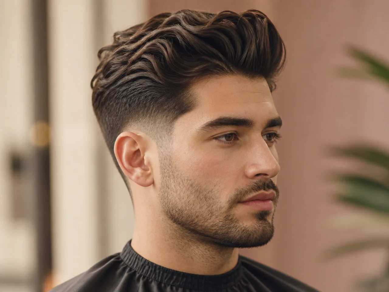 Wavy medium pompadour with height at the front and a mid fade on the sides