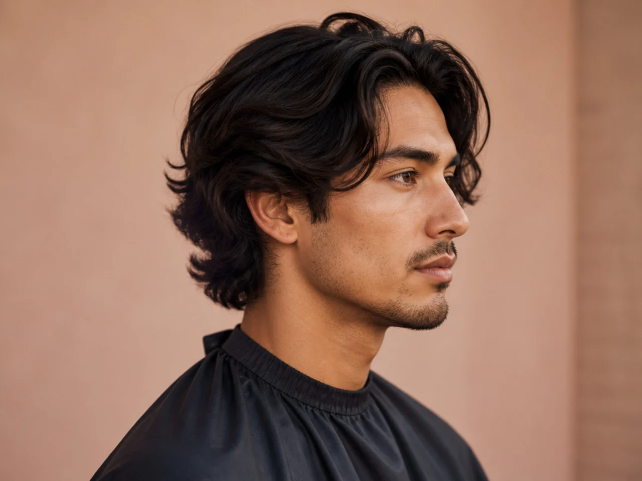 Reference lineup of medium-length men's haircuts showing a curtain fringe, a middle part, a slick back, and a textured quiff